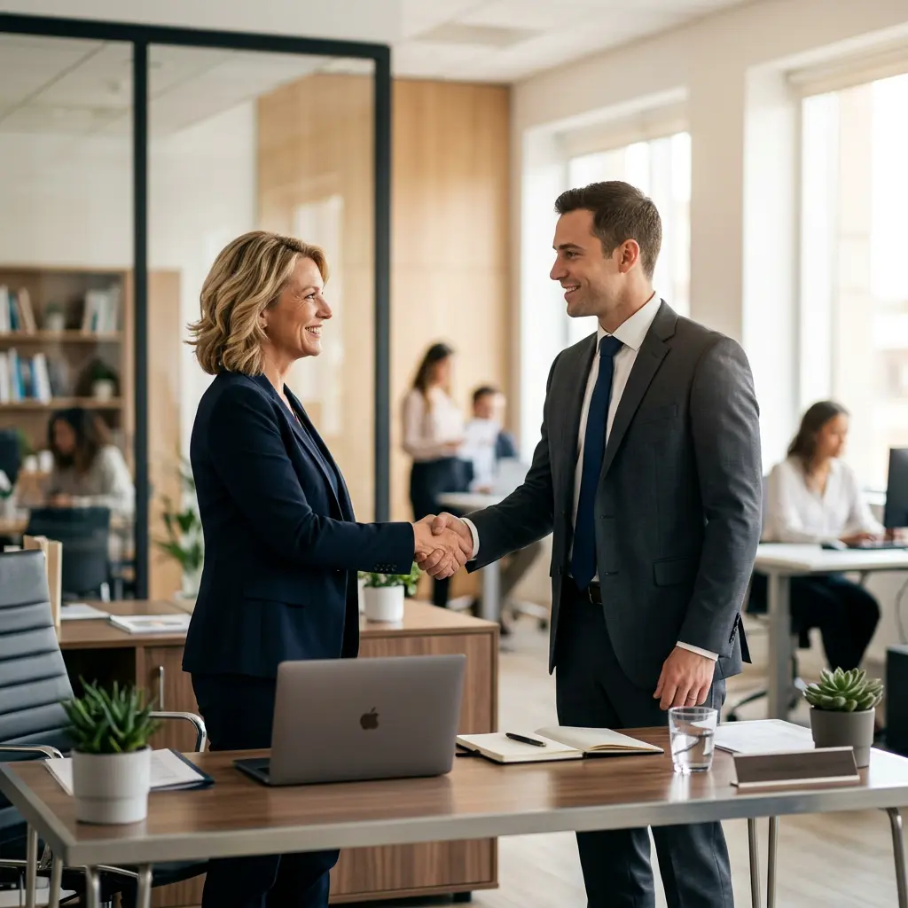 Hiring manager shaking hands with candidate across a modern office desk